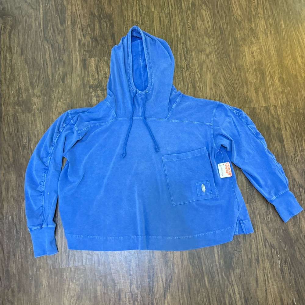 Free People Blue Boxy Hooded Pullover Sweatshirt